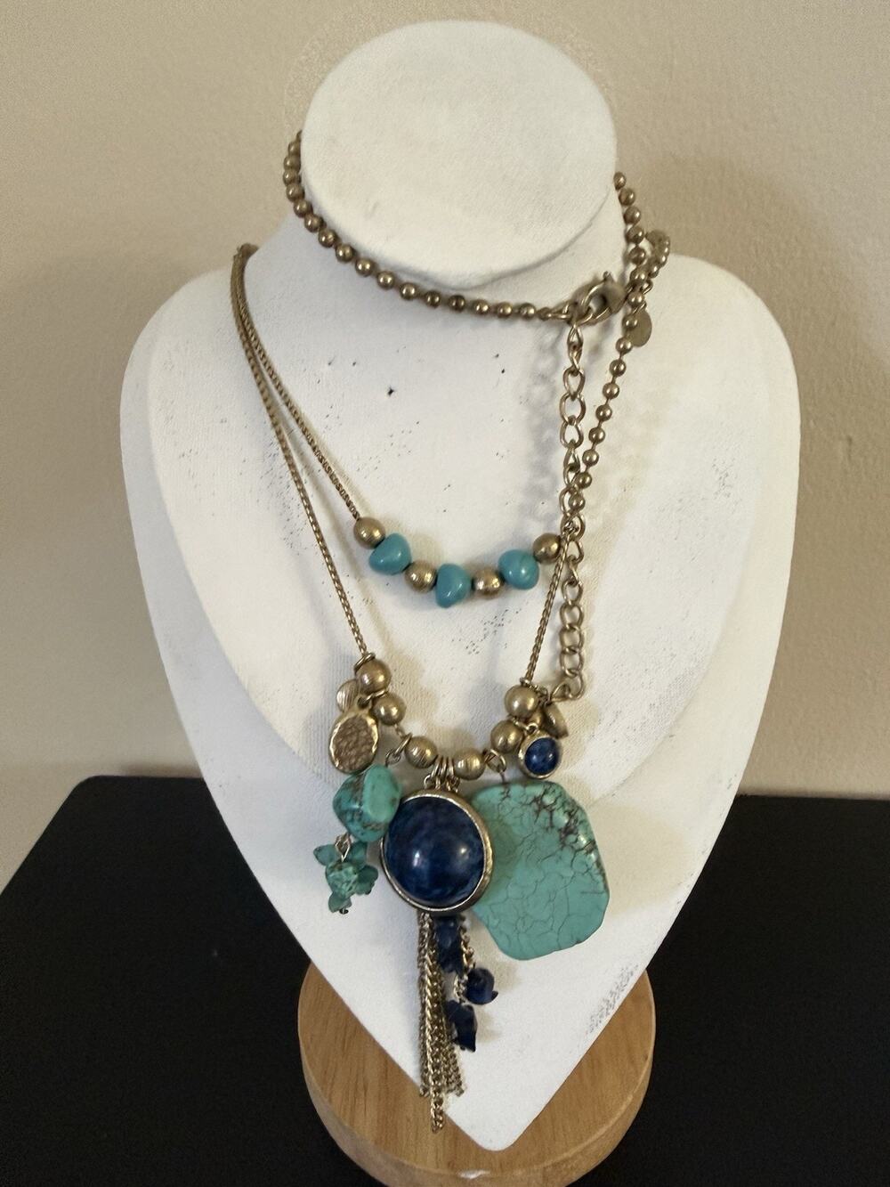 CHICO’S Denise Faux Turquoise and Cobalt Blue Dangle Necklace Multi Strand